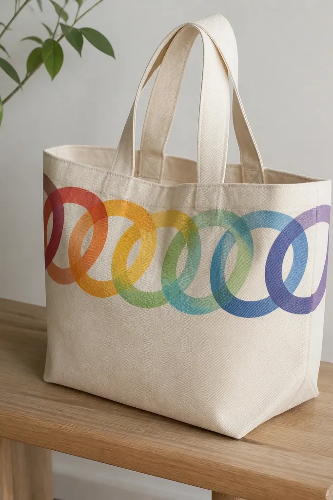 A tote with a looping rainbow border that wraps around the side near the handles; each loop is a different color and the loops overlap like a chain.