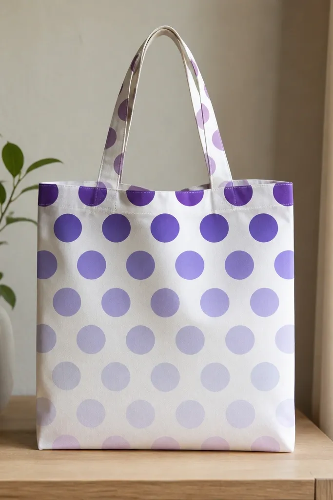 A tote with circles that fade from dark purple at the top to lavender at the bottom; dots are evenly spaced in rows.