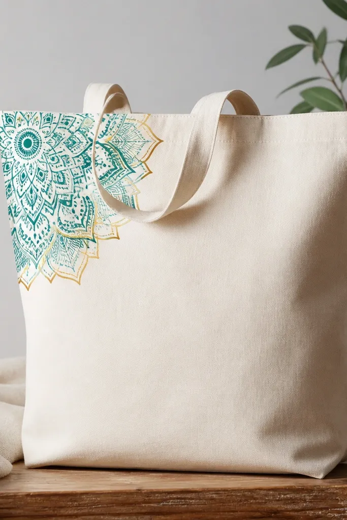A tote with a corner mandala stencil in teal and a thin gold outline around the outer petals; the pattern sits in the upper left front panel.