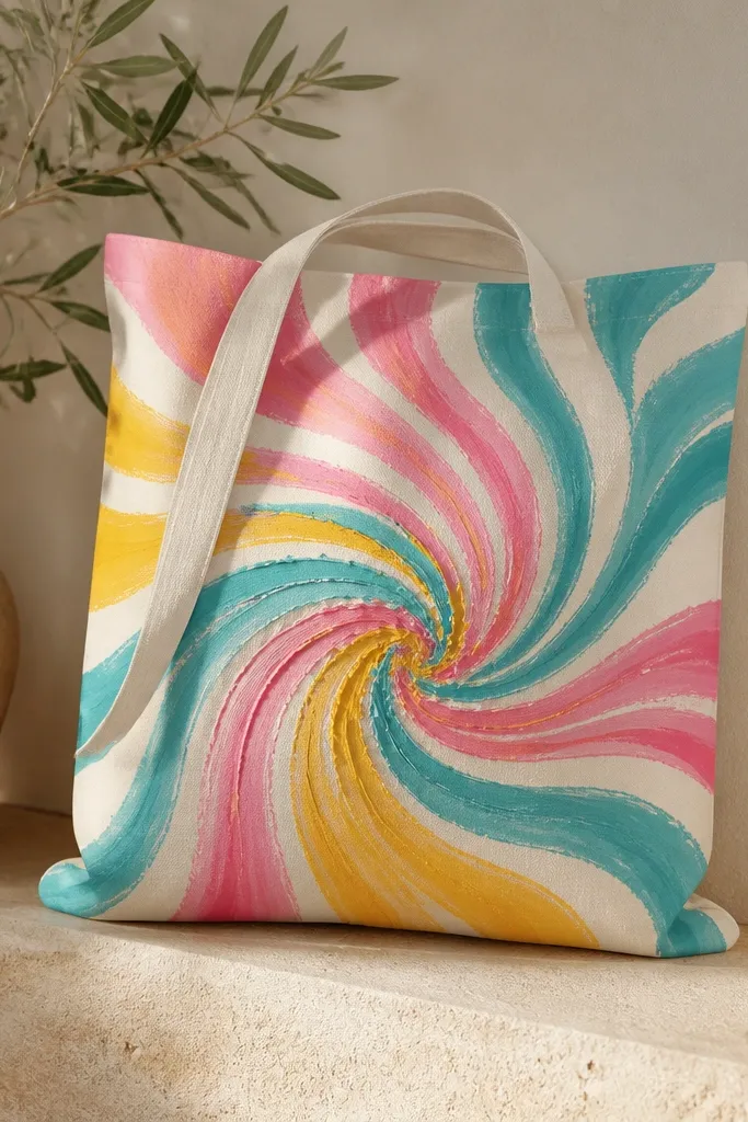 A tote with a tie-dye style swirl made from thick curved lines in turquoise, pink, and yellow; the center looks layered with a slightly raised paint texture.