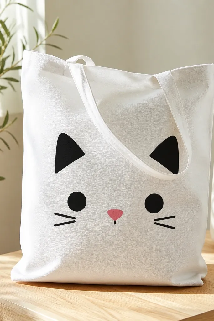 A white tote with a cute black cat face: two triangular ears, round cheeks, and a small pink nose; the shapes look like stickers with clean edges.