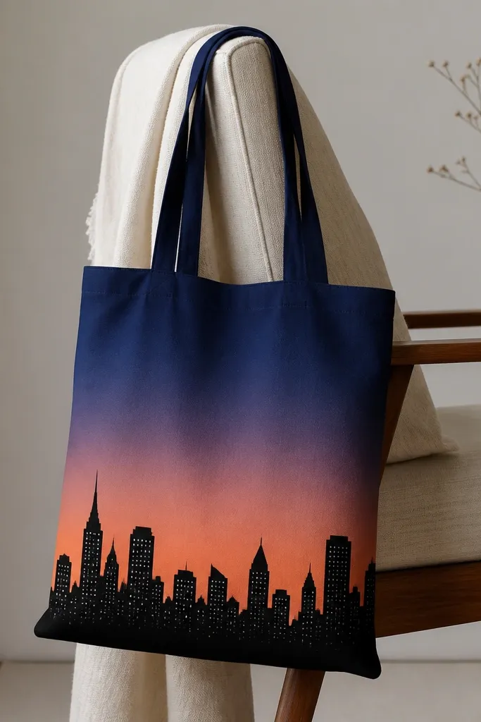 A tote with a dusk sky gradient from navy to peach and a black skyline silhouette across the lower third; building windows are tiny white dots.