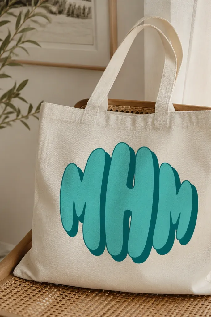 A tote with a large bubble monogram in teal; behind it is a slightly offset darker teal shadow shape, creating a 3D pop effect.