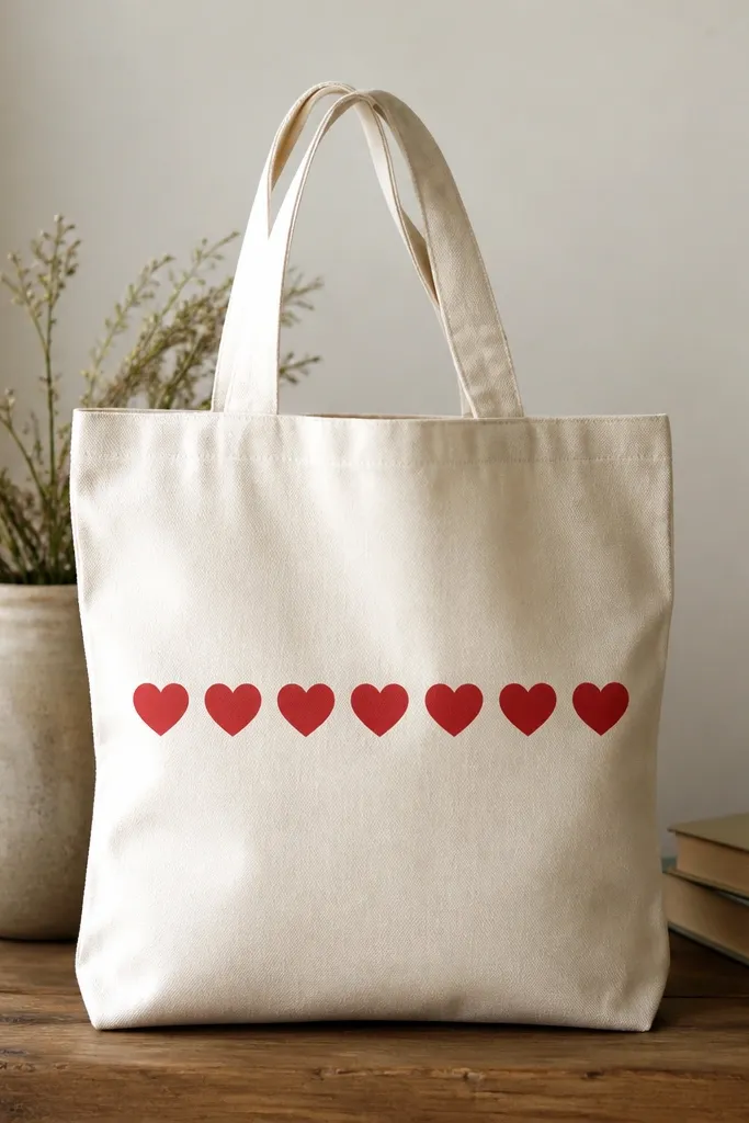 A tote with a straight row of red hearts across the middle front; each heart is the same size and aligned, with clean stencil edges.