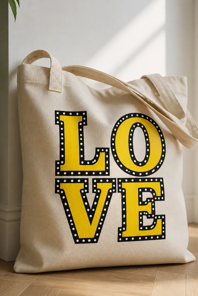 A tote with block marquee-style letters reading LOVE; letters are filled with bright yellow and outlined in black, with small dot lights along the border.