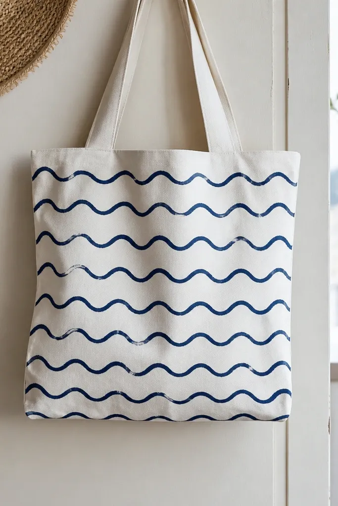 A tote with repeating navy wave lines across the front; the waves are smooth and evenly spaced, like a printed pattern but hand-painted.