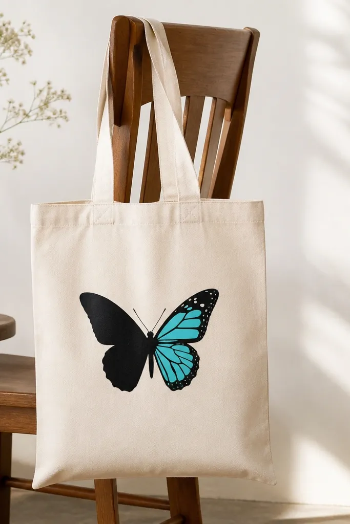 A tote with a black butterfly silhouette centered on the front; a single wing section is filled with turquoise, while the rest stays black.