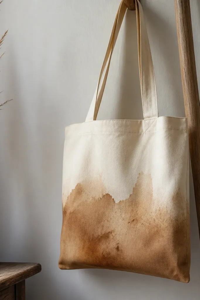 A tote with a warm brown wash stain pattern on the bottom half; edges are irregular and softened, with subtle darker dots like coffee grounds.