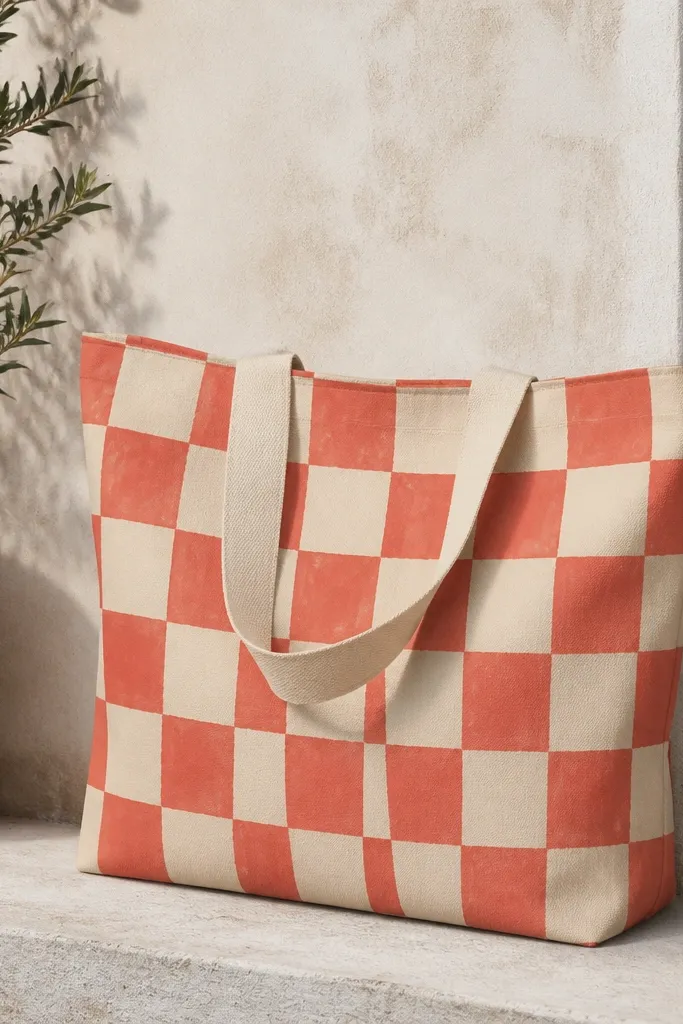 A tote with a retro check pattern in alternating cream and coral squares; the squares have crisp borders and a slightly hand-painted texture.