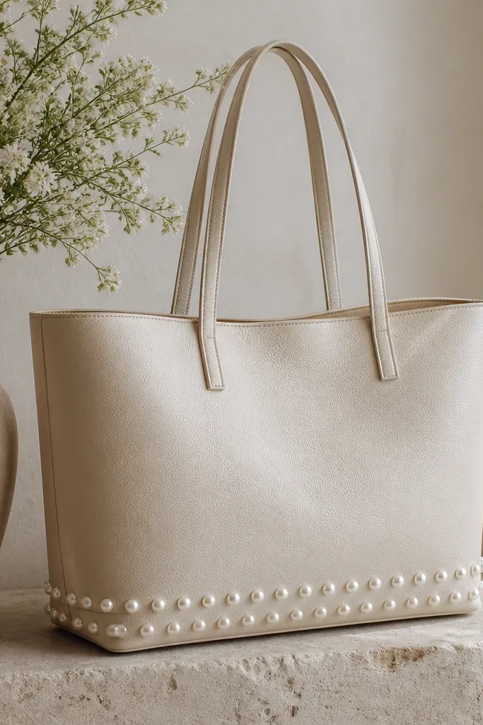 A tote with a raised border of pearl-like dots along the bottom edge; the dots are off-white and catch light slightly more than the background.