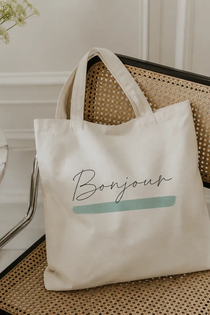 A tote with a single word in thin script (like Bonjour) in black; beneath it is a wide block underline in soft teal.
