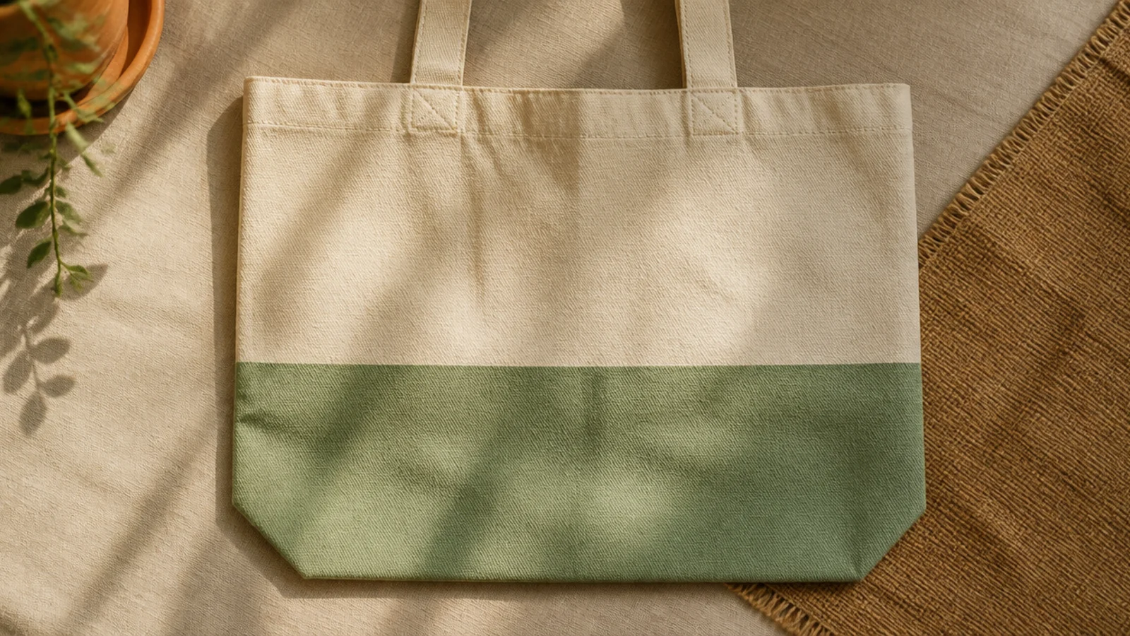 A natural cream canvas tote with one wide horizontal band of soft sage green painted across the lower third, the top left bare canvas.
