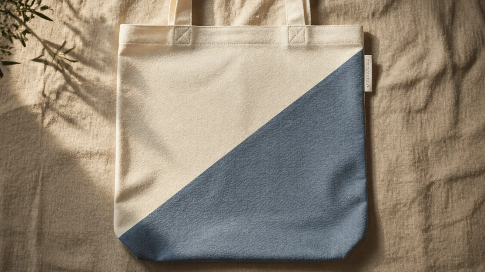 A canvas tote divided corner to corner by one clean diagonal line, dusty blue on the lower half and bare canvas above.