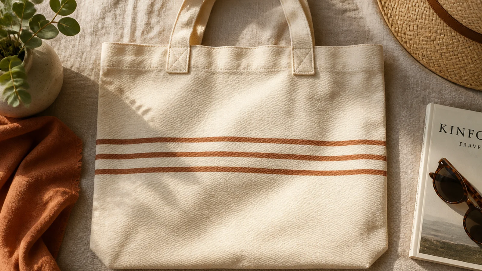 A cream canvas tote with three evenly spaced thin terracotta stripes running horizontally across the front.