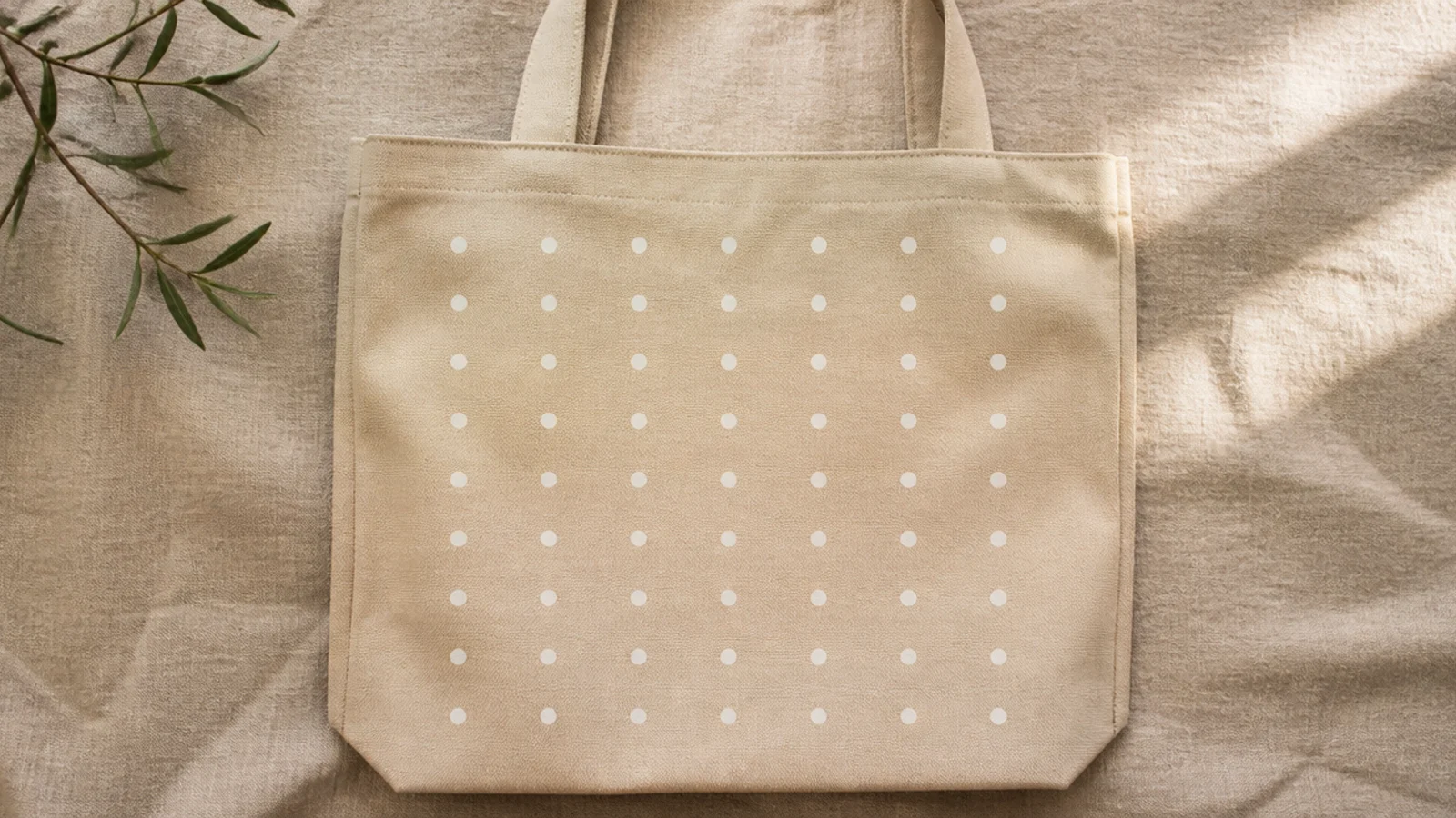 A natural canvas tote covered in an evenly spaced grid of small white dots stamped in neat rows across the front.