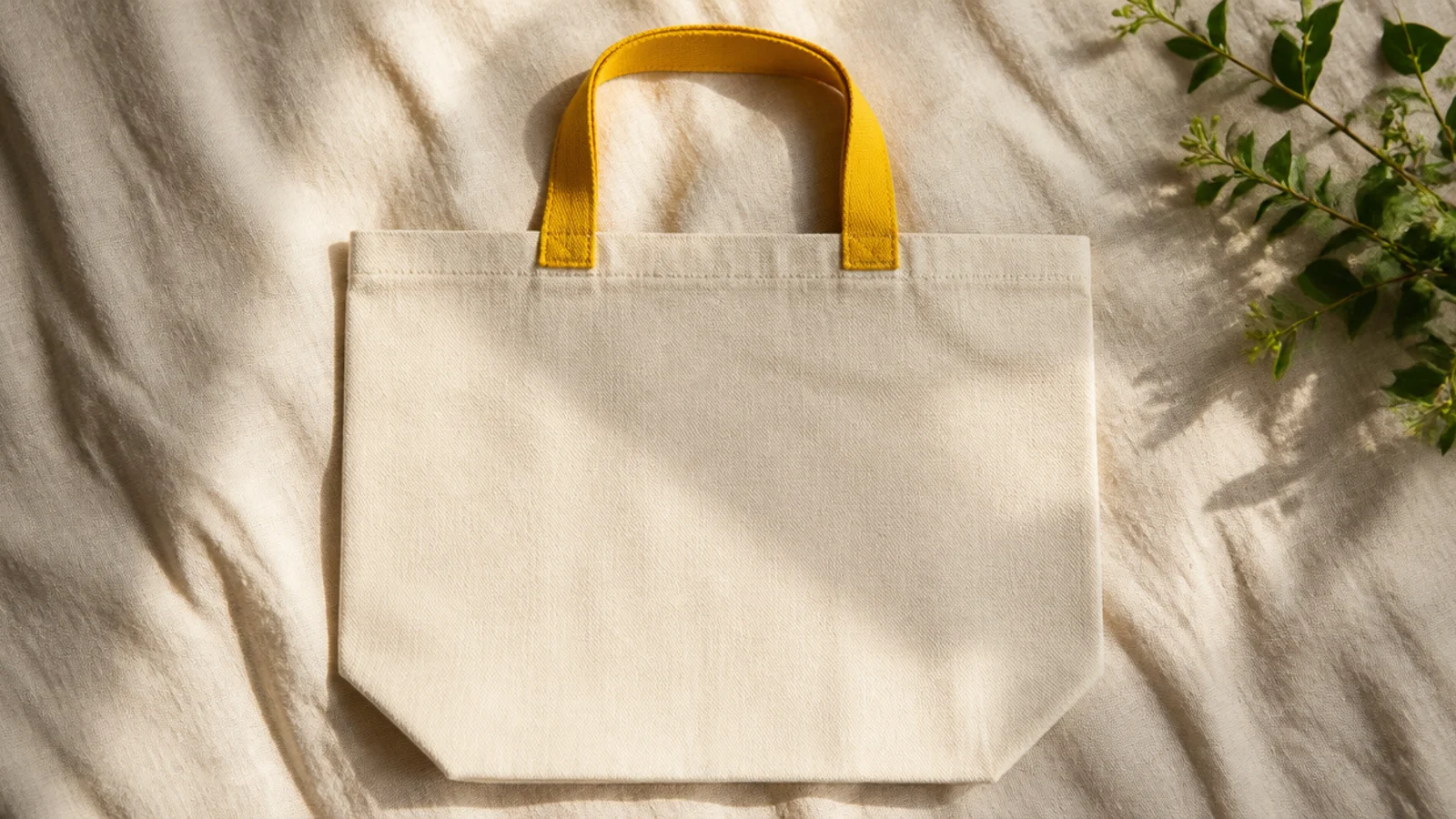 A cream canvas tote with both cotton handles painted solid mustard yellow down to where they meet the bag body, the front left plain.