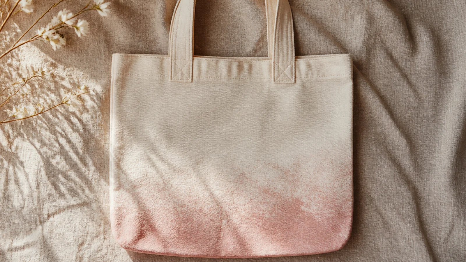 A canvas tote with a soft blush-to-cream gradient, blush concentrated at the bottom and fading upward with a sponged texture.