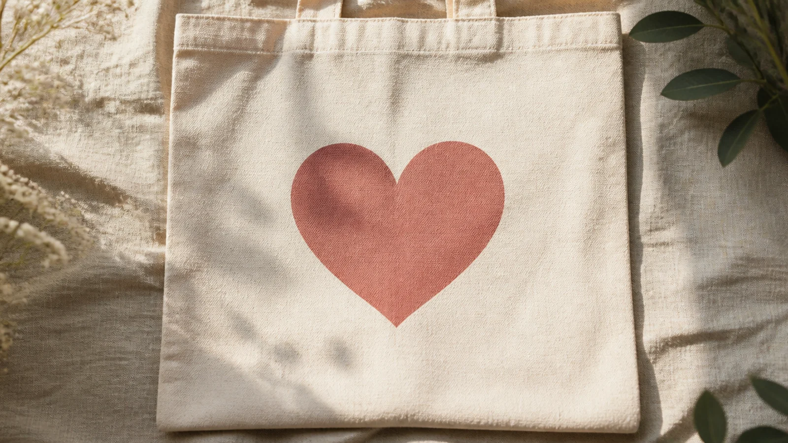 A cream canvas tote with a single solid dusty-rose heart centered on the front, the edges clean and crisp from a stencil.