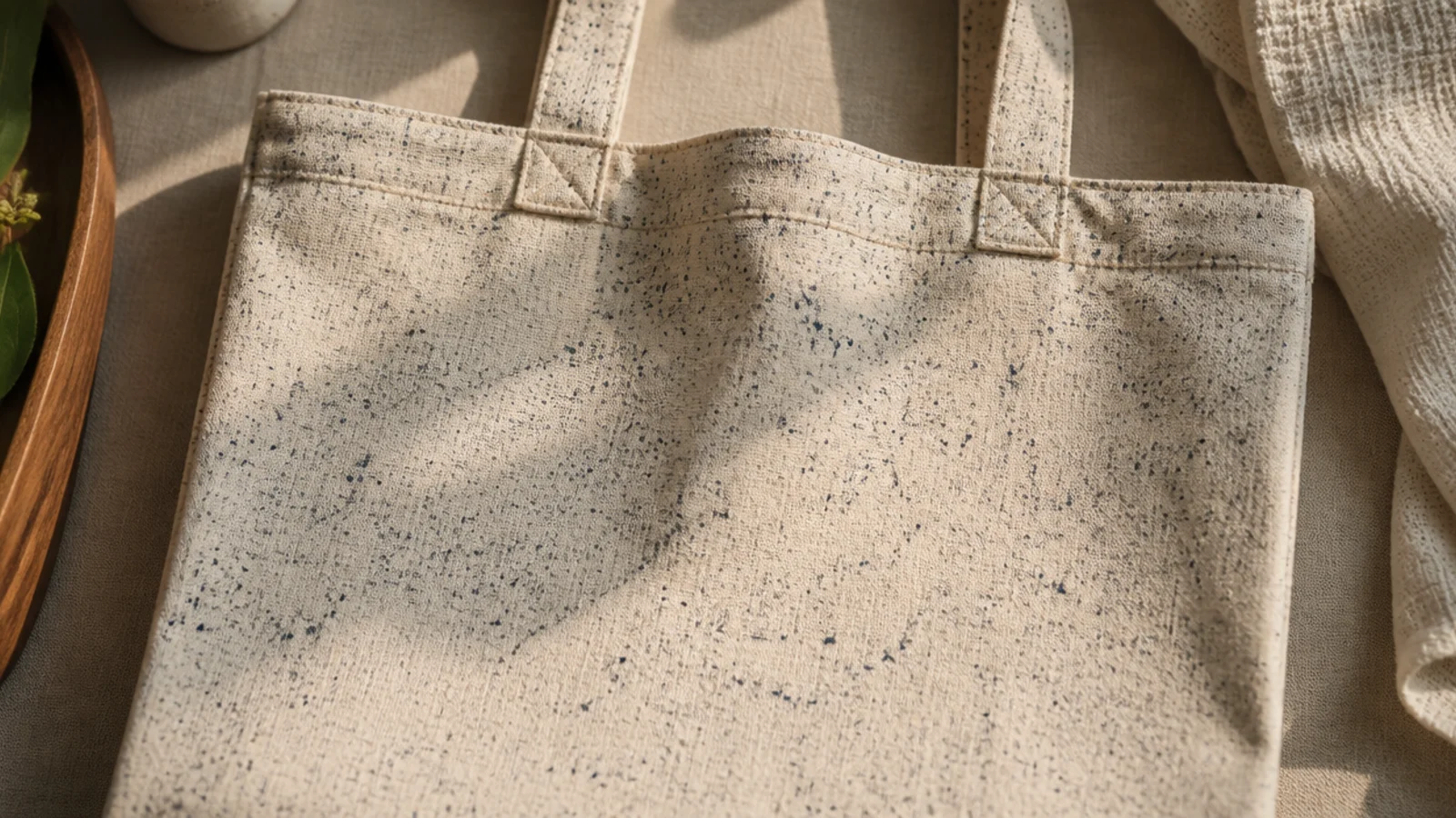 A cream canvas tote covered in fine, evenly scattered dark navy speckles, like a stoneware or granite finish.