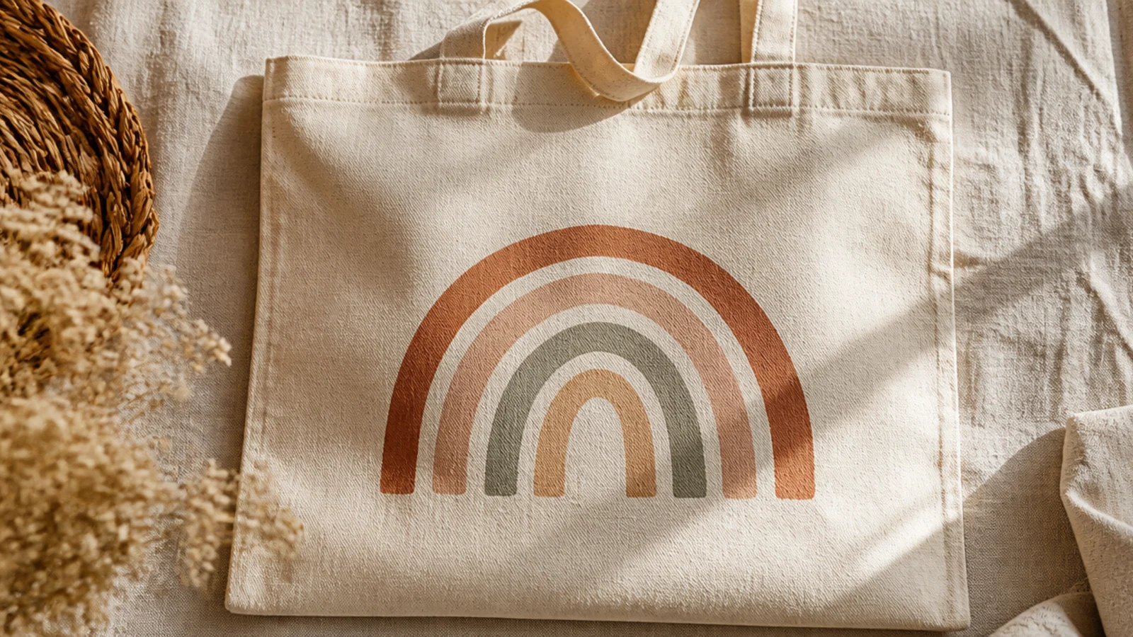 A cream canvas tote with a minimalist arch of four muted rainbow bands painted on the center of the front.
