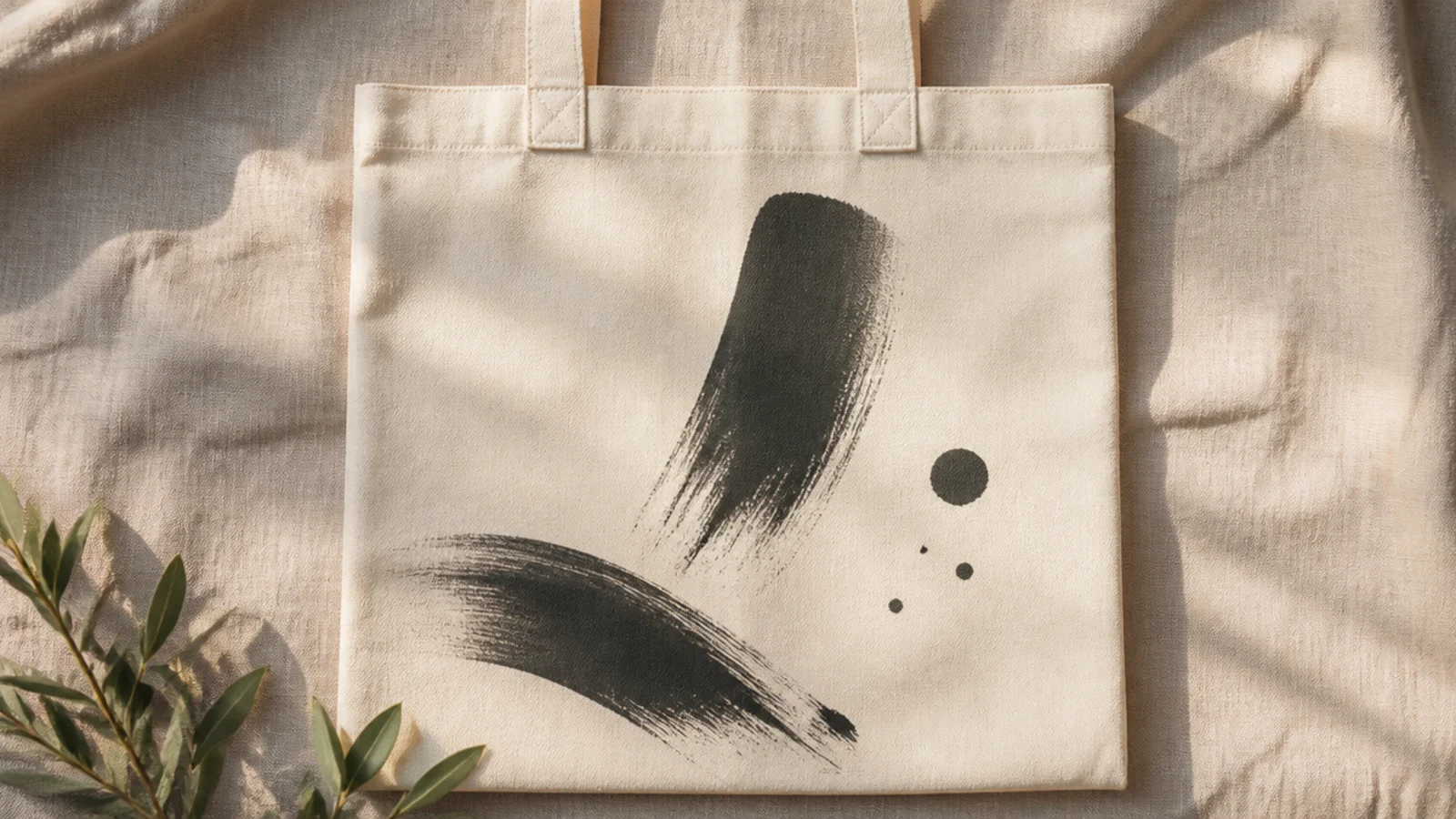 A cream canvas tote with a few loose, confident charcoal brushstrokes and small dots arranged asymmetrically on the front.