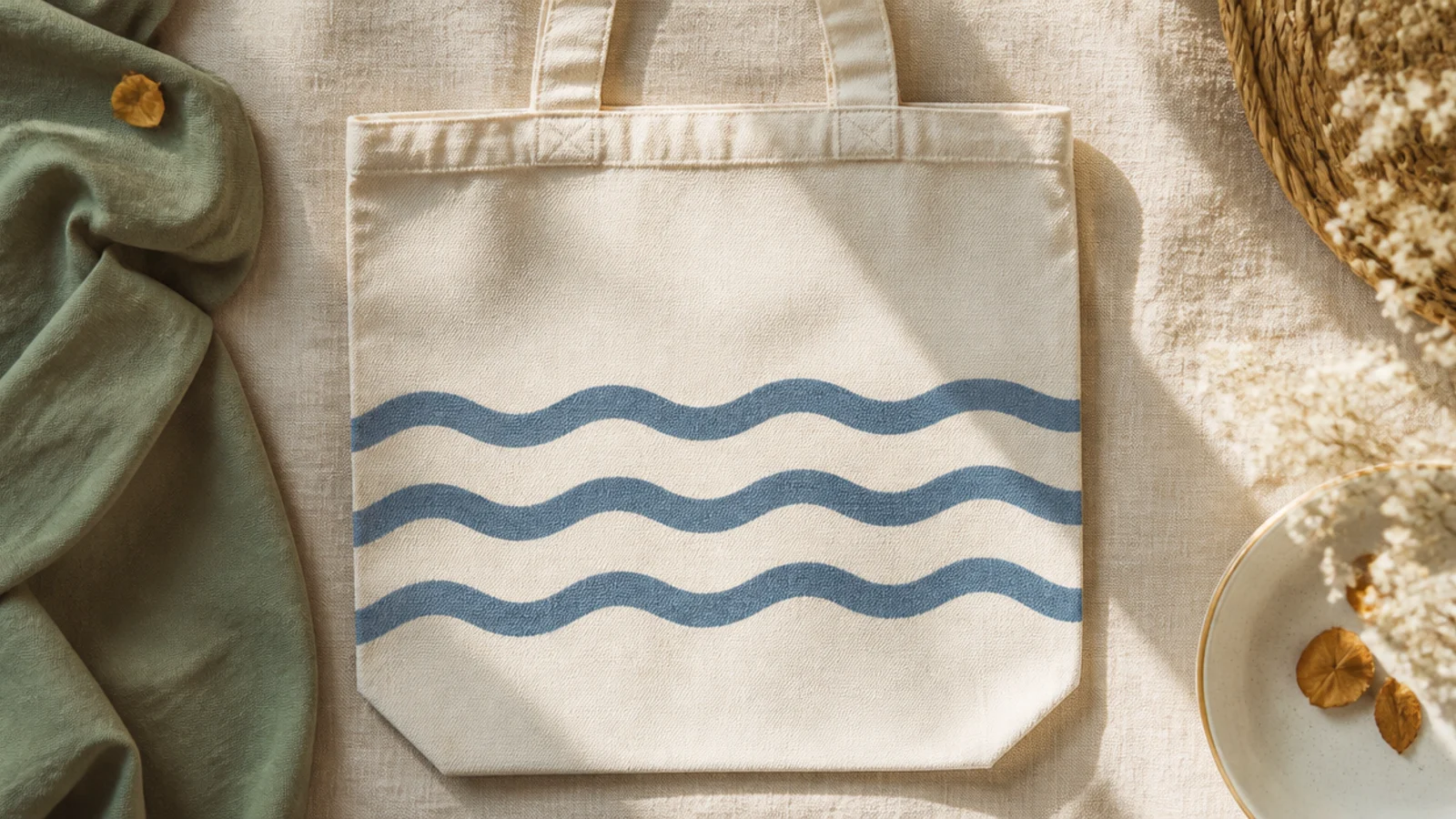 A cream canvas tote with three evenly spaced horizontal wavy lines in dusty blue running across the front like gentle ripples.
