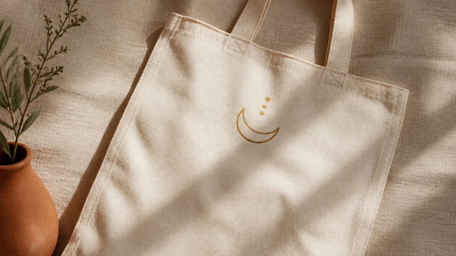 A cream canvas tote with a single cream-outlined crescent moon and three small dots painted in mustard on the upper front.