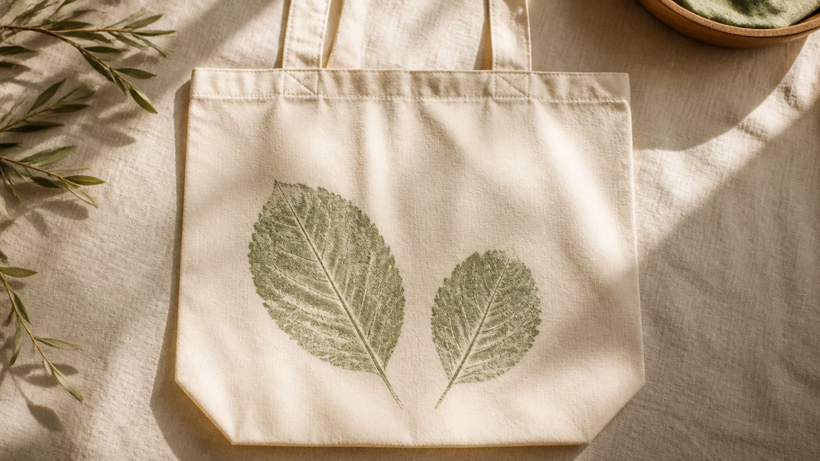 A cream canvas tote with two soft green leaf prints stamped on the lower front, the veins visible from using a real leaf.