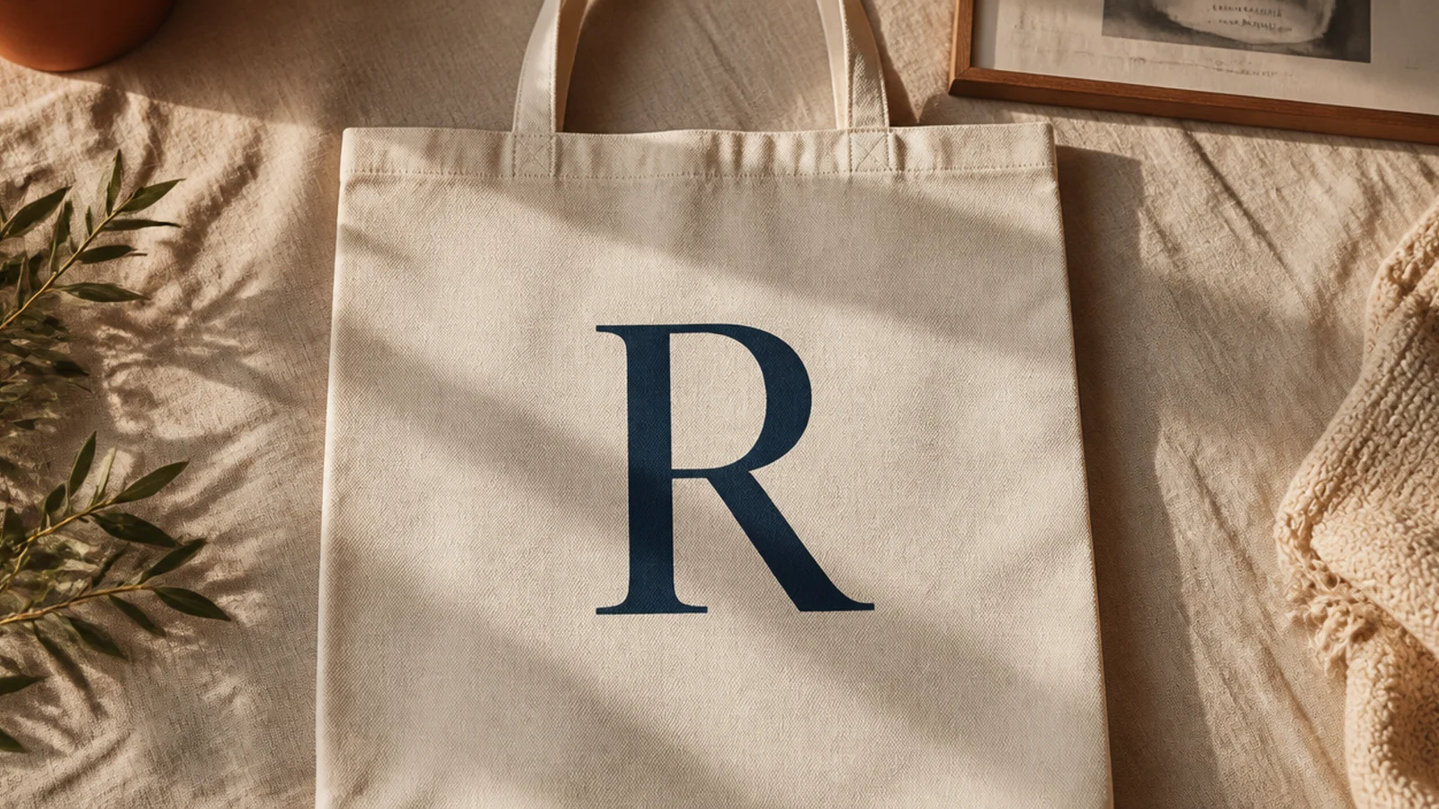 A cream canvas tote with a single large navy serif initial centered on the front.