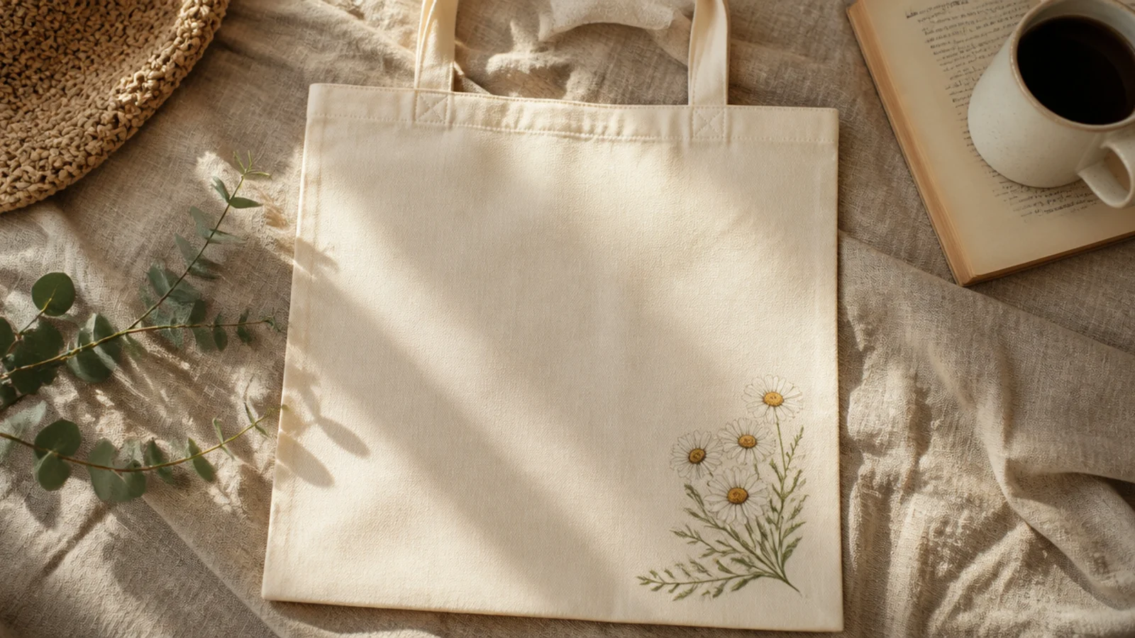 A cream canvas tote with a small cluster of five-dot daisies, white petals around yellow centers, painted in the lower corner.