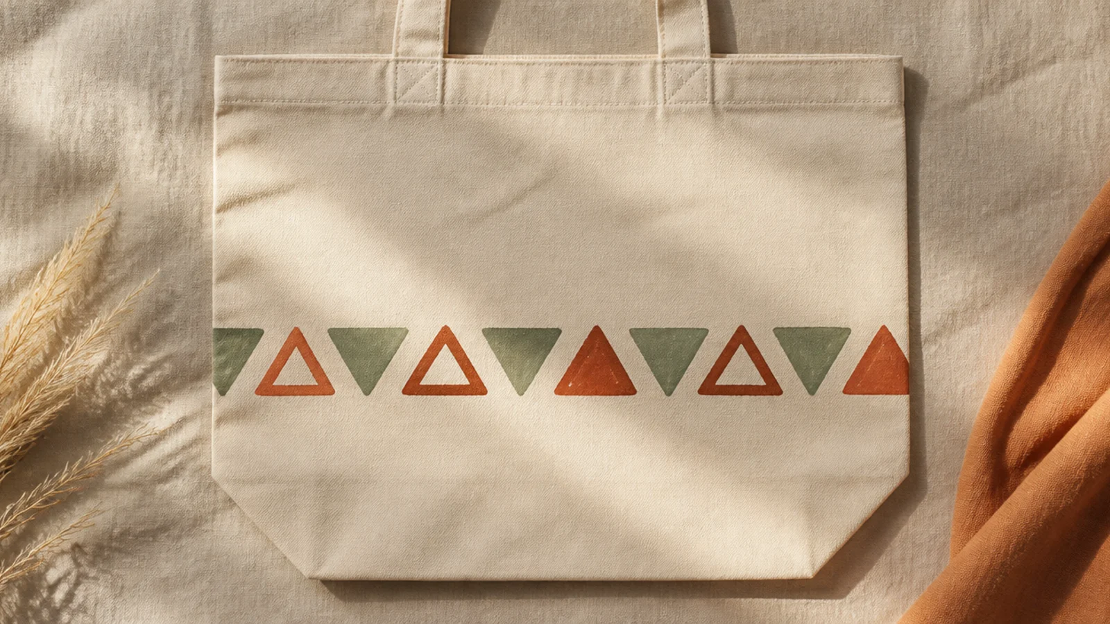 A cream canvas tote with a single row of alternating painted and bare triangles in two earthy colors running across the middle.