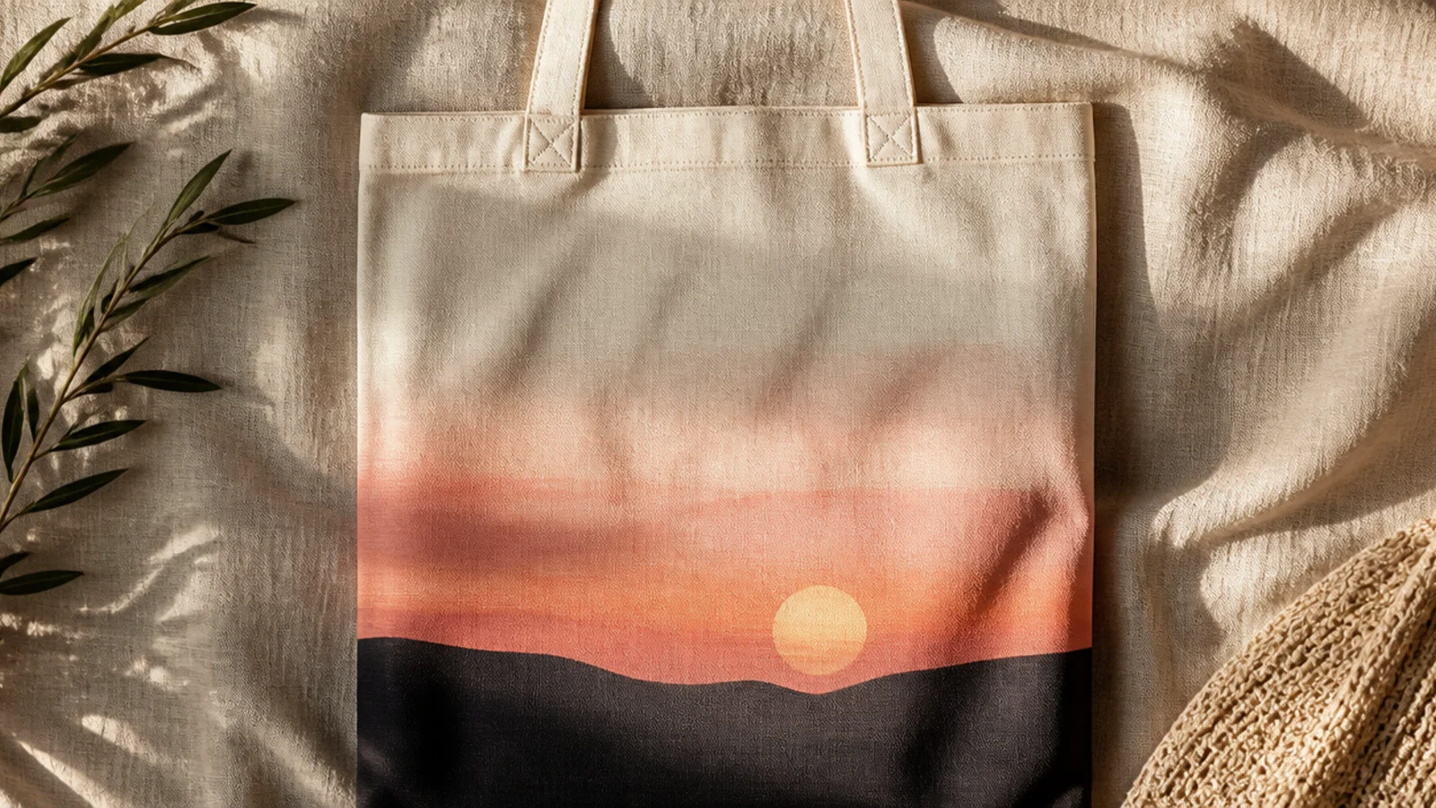 A cream canvas tote painted with a simple sunset, bands of peach and dusty pink above a dark hill silhouette on the lower front.