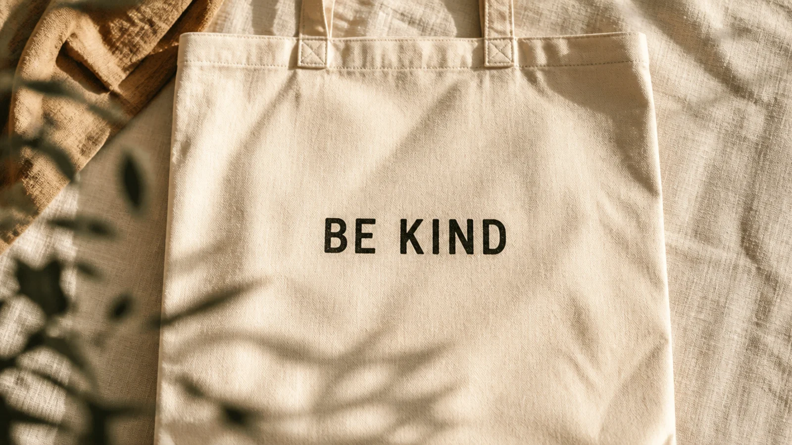 A cream canvas tote with a short two-word phrase hand-lettered in clean black block capitals across the center.