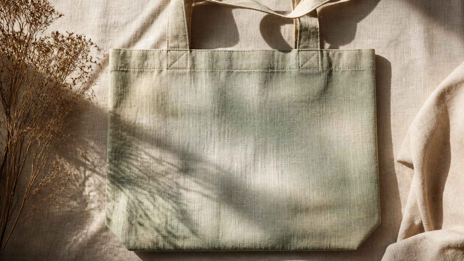 A natural canvas tote with a thin, sheer sage wash that lets the woven texture and warm tone show through softly.