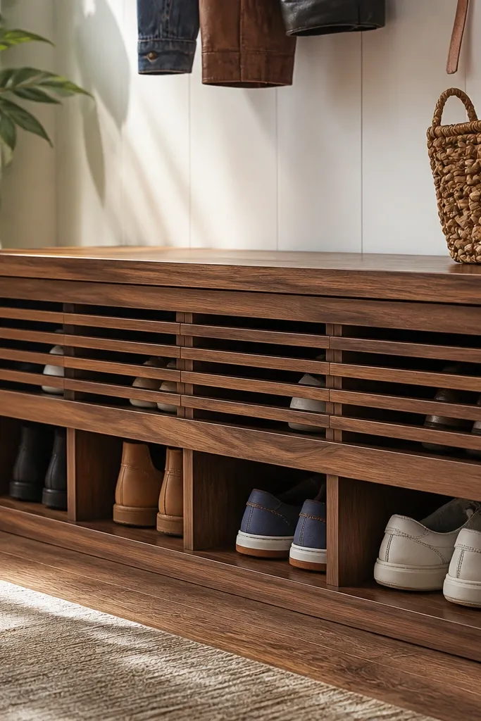 Bench-style shoe rack with slatted front and warm brown wood tone
