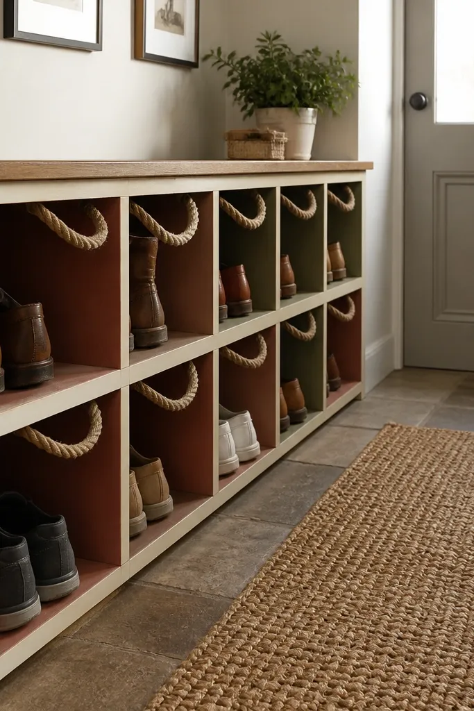 Two-tone cubby shoe rack with rope handles on each compartment