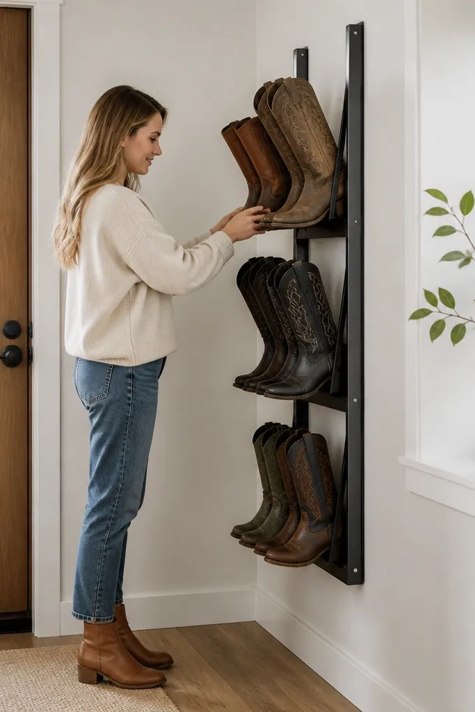 Wall-mounted ladder shelf with slanted slots for boots and sneakers