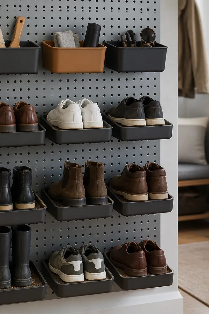 Pegboard wall with small trays and matching bins for shoes
