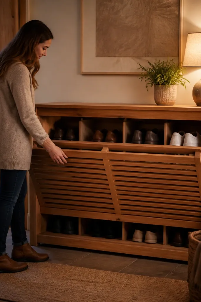 Shoe rack with cedar-colored removable slats on the front