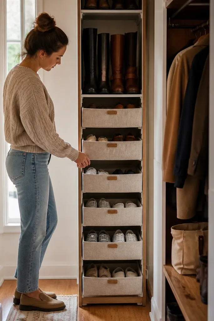 Tall narrow shoe tower with fabric pullout bins