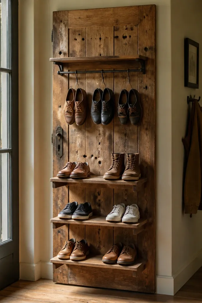 Upcycled door repurposed into a shoe rack with shelves