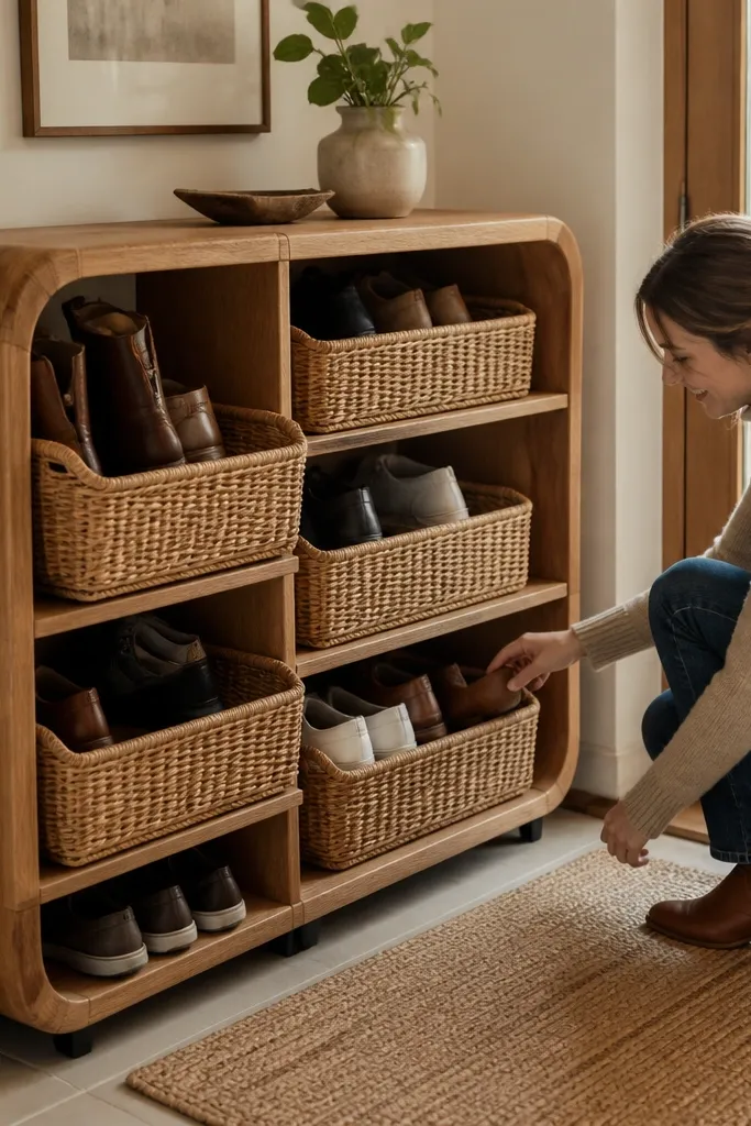 Shoe rack with rounded corners and wicker basket inserts