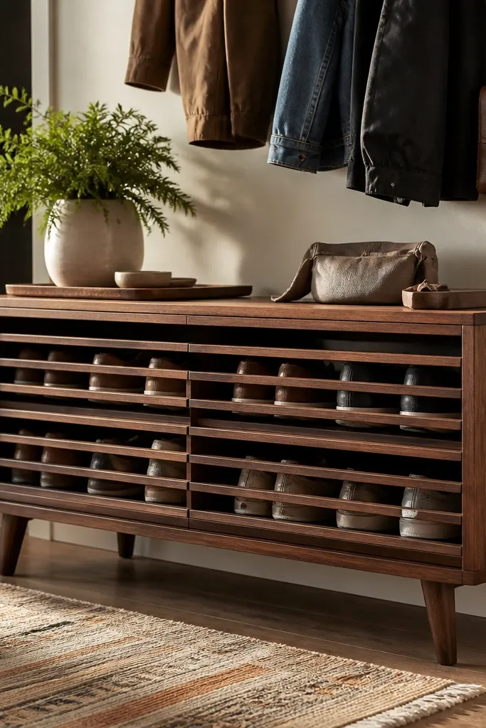 Mid-century style slatted shoe bench with tapered wood legs