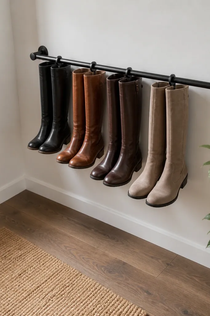 Wall-mounted rack with a rod and pegs holding boots vertically