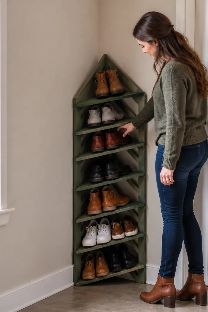 Triangle corner shoe rack with slanted shelves