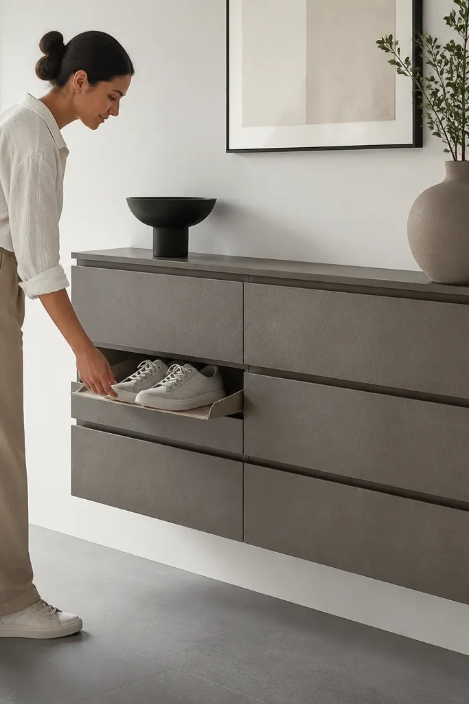 Floating shelf with drop-front trays for shoes in a concrete-gray finish
