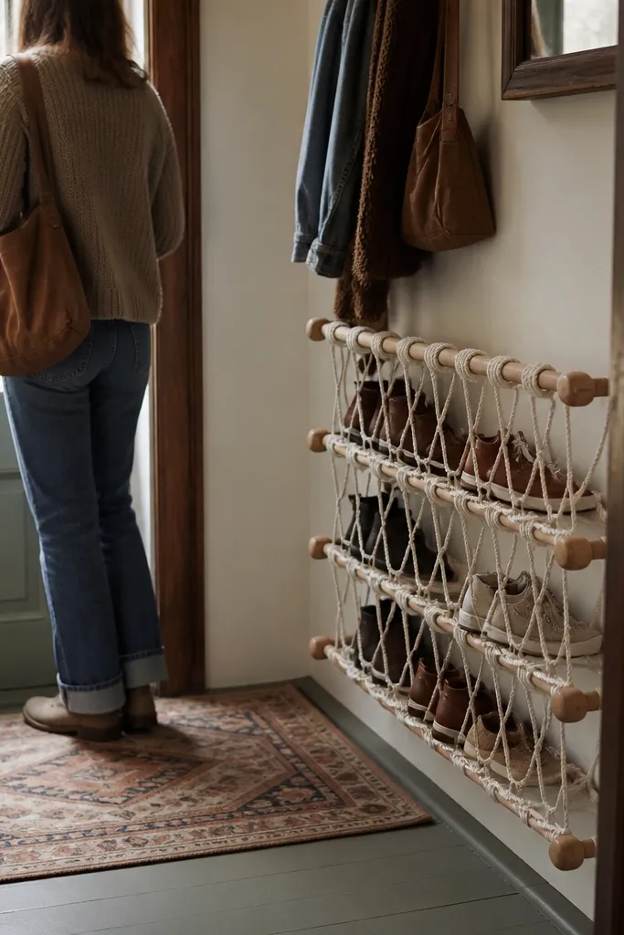 Rope shelf with wooden pegs holding small shoe pairs