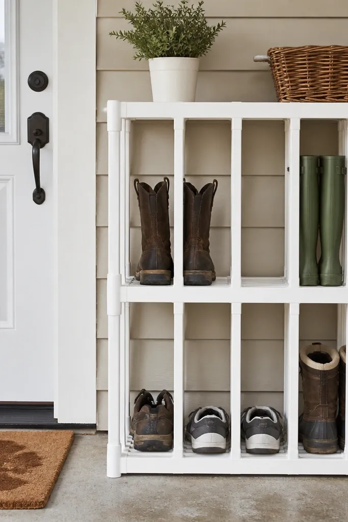 White framed shoe rack with wipeable slats and open compartments