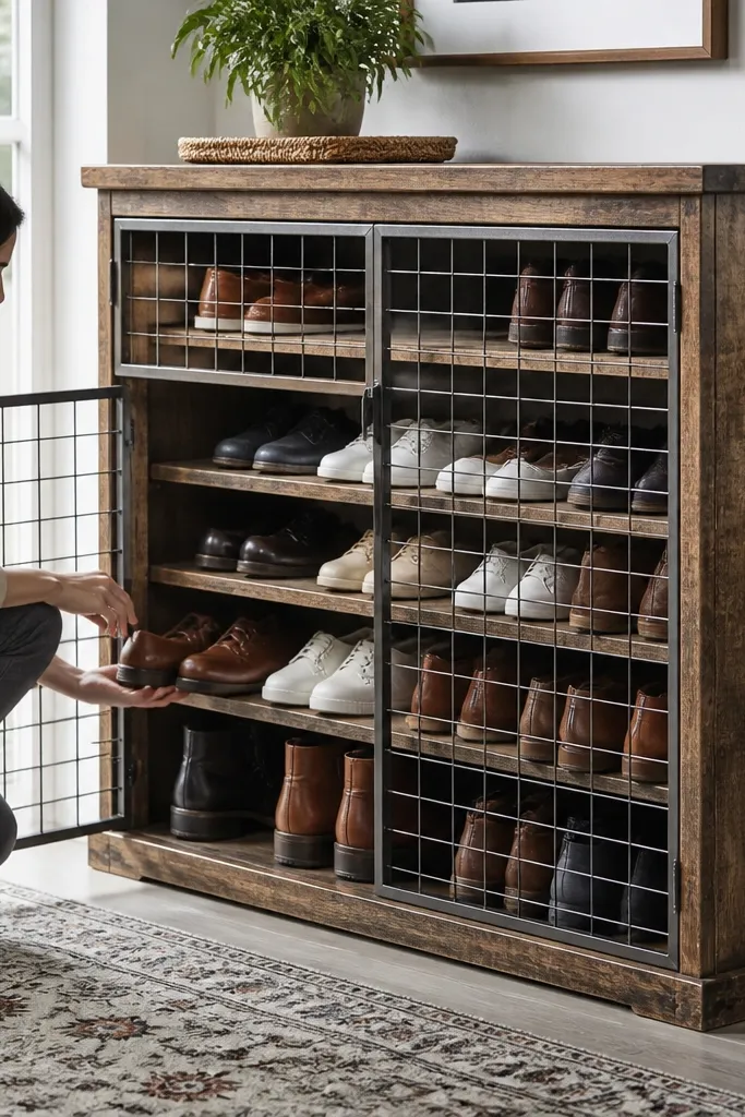 Barnwood-toned shoe rack with metal grid front