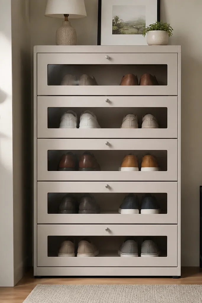 Shoe rack with stacked trays and small magnetic latch doors